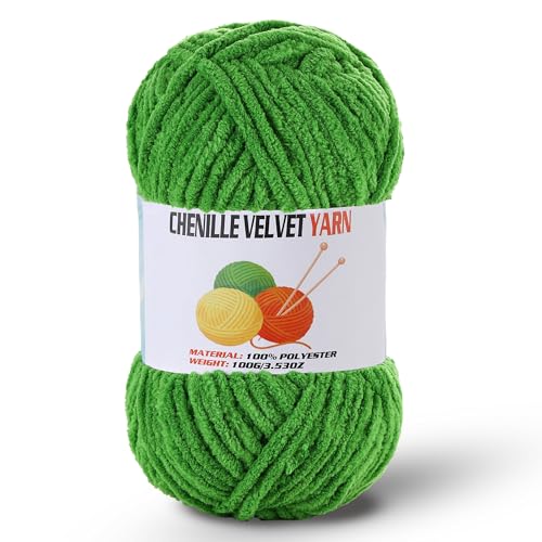 Image of Fluffy Chenille Yarn for Crocheting, Chunky Velvet Yarn for Crochet Amigurumi, Used for Making Baby Yarns Blanket, Clothes, Pattern Knitting Creations (1-Green)