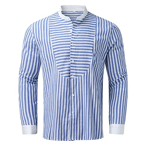 Men's Simple Fashion Loose Shirt Stand Collar Basic Stand-Up Collar Long-Sleeved Shirt Striped Casual Beach Shirts