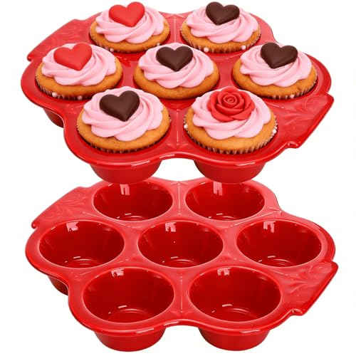 Youeon 2 Pack Red Ceramic Muffin Pans 7 Cup Nonstick Cupcake Baking Pans with Floral Handles Oven & Dishwasher Safe Muffin Tins for Muffins Cupcakes Mini Cheesecakes Holiday Baking Gift