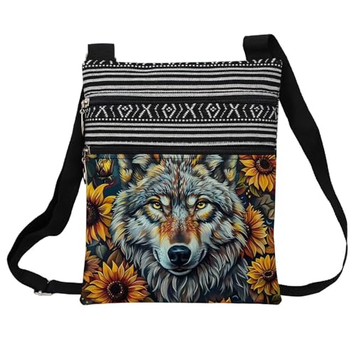 Sunflower Wolf Messenger Bag Small Ethnic Pattern Printed Adjustable Strap Crossbody Zipper Bag Sunflower Wolf Phone Bag Wallet Cute Shoulder Handbag for Women Friends