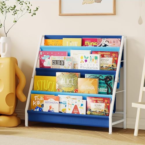 Image of Aokitsink Kid Bookshelf for Kids Rooms, 4-Tier Blue Montessori Bookshelf,Toddler Children Bookshelf,Metal Kid's Book Storage Organizer for Boys Room Furniture Playroom Kindergarten