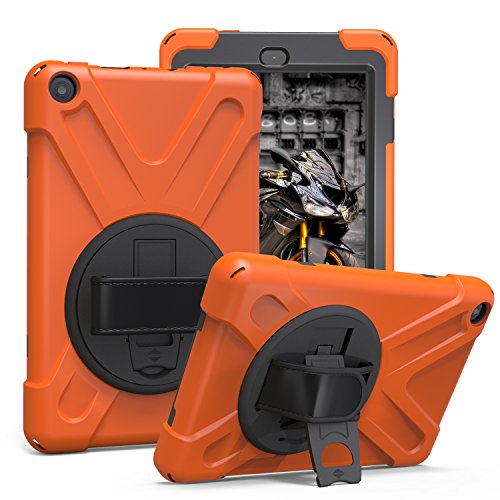 Amazon Kindle Fire HD 8 (��8����/��7����, 2018/2017) �P�[�X �ϏՌ� ��� �h�o 360°��]�X�^���h �����J�b�g �n���h�X�g���b�v �d�� ���� �q���ɑΉ� �S�ʕی�J�o�[ (�I�����W)