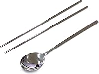 Vista 4 de Cubertería tradicional coreana de acero inoxidable cucharas y palillos juego de vajilla con mano larga, reutilizable (sin patrón)