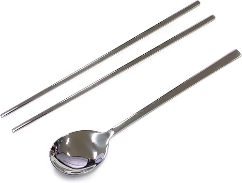 Miniatura 4 de Cubertería tradicional coreana de acero inoxidable cucharas y palillos juego de vajilla con mano larga, reutilizable (sin patrón)