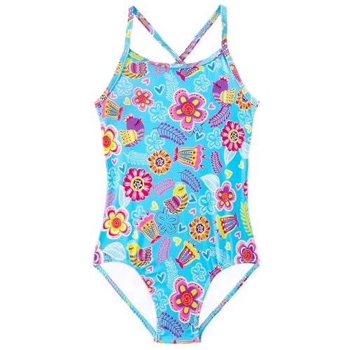 Girls One Piece Swimsuits Summer UPF 50+ Quick Dry Beach Bathing Suit Cross Shoulder Strap Swimwear 2-10 Years Floral Birds 2-3T