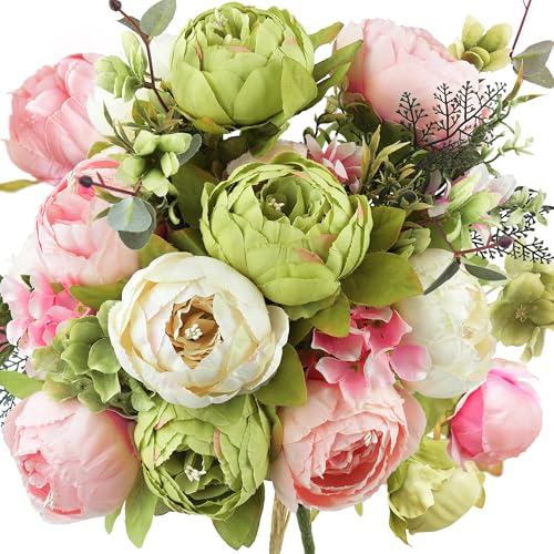 Image of FiveSeasonStuff Artificial Peony Bouquet, Pink, Beige & Green Silk Flowers for Wedding Centerpieces, Bridal Bouquets & Home Decor - Spring Waltz