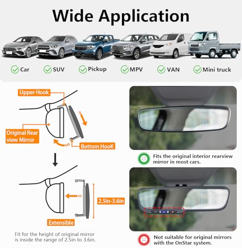 Image of Rear View Mirror, 11.81 Inch Universal Panoramic Clear Rear Mirrors Convex Car Interior Clip on Extra Big Wide Angle Rearview Mirror Extender to Reduce Blind Spot for Car SUV Pickup Trucks