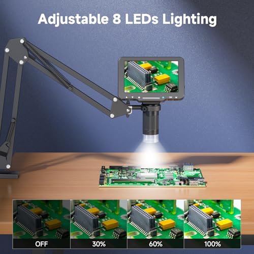 Image of 5 inch LCD Digital Soldering Microscope with Flexible Stand, 1000X Magnification for Electronics Repair & Coins, 1080P PC View, 8 LEDs (Micro SD Card Not Included)