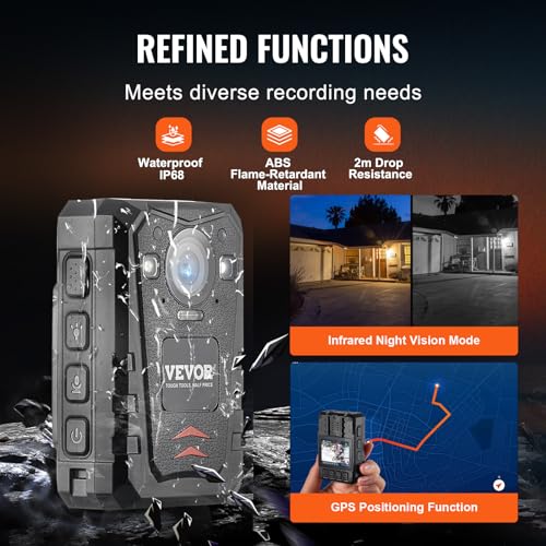Image of VEVOR 1440P HD Police Body Camera, 128GB Body Cam with Audio Video Recording Picture, Built-in 3500 mAh Battery, 2.0 inch LCD, Infrared Night Vision, Waterproof GPS Personal Body Cam for Law Enforcement
