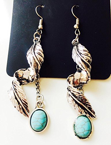 Women Bohemia Tribal Antique Silver Leave Dangle Earrings Vintage Feather Turquoise Bead Drop Earrings Nickel Free3