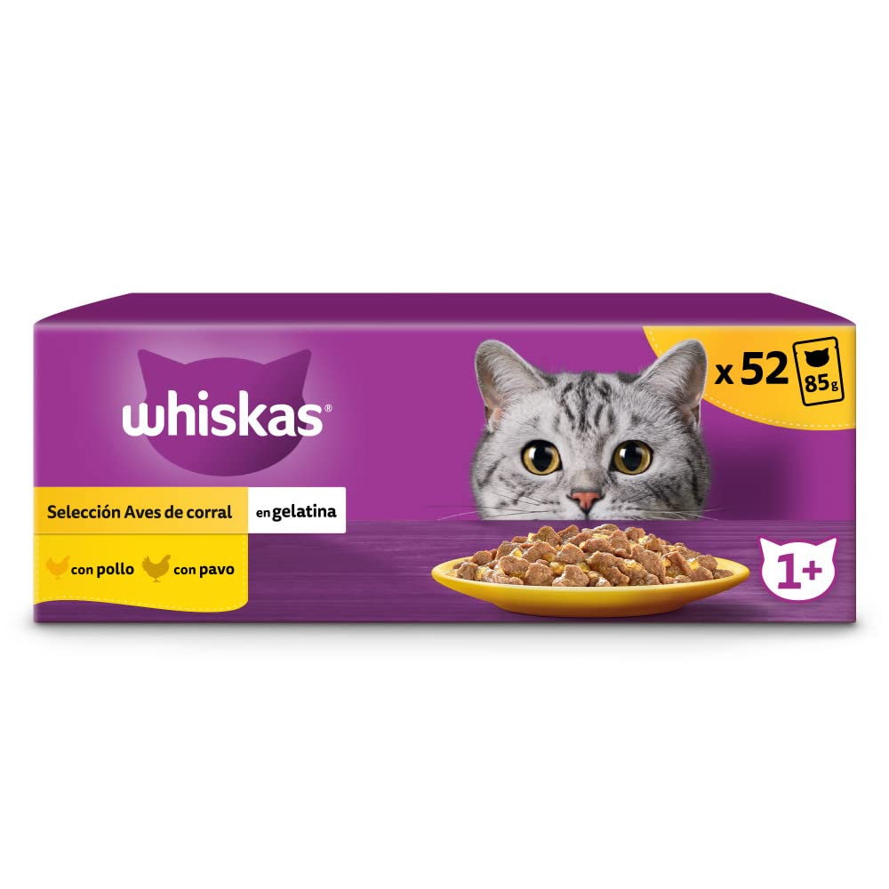 Whiskas Comida Húmeda para Gatos Adultos Selección Aves en Gelatina (13x 4 bolsitas x85g)
