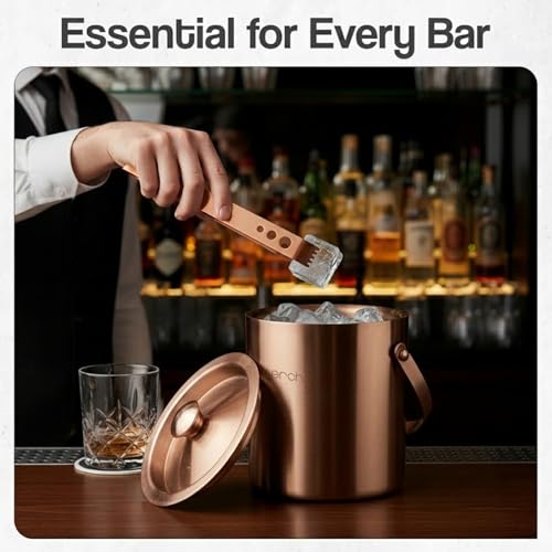 Image of O' Holic by Perch Stainless Steel Double Wall Ice Bucket & Tong - 1500ml | Insulated with Lid & Handle| Bartender Kit |Premium Barware Accessories for Home Bar, Parties, Cocktails & Gifting |Rose Gold