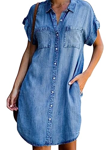 yoeasy Damen Kurzarm Denim Shirt Midi Kleid Button Down Tunika Jeans Kleid mit Taschen, Hell, blau, Mittel