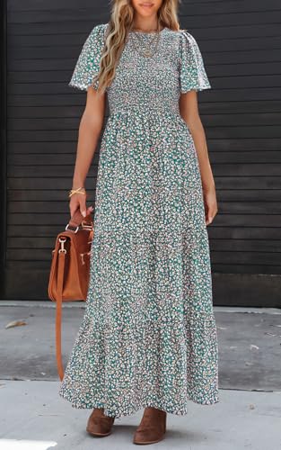 Image of PRETTYGARDEN Women's 2026 Summer Casual Flutter Short Sleeve Boho Floral Maxi Dress Crew Neck Smocked Tiered Long Dresses