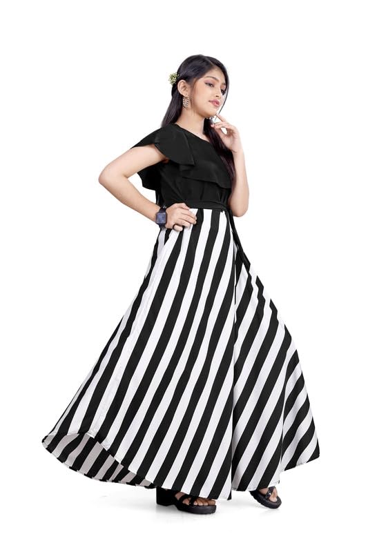 Image of R & R FASHION Girl's Western Style Printed Gown 33 to 44 Crepe Collar Neck Full Length Gown (Multi)