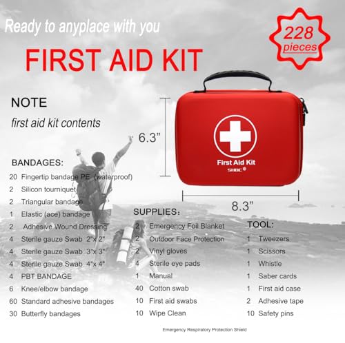 Compact First Aid Kit (228pcs) Designed for Family Emergency Care. Waterproof EVA Case and Bag is Ideal for The Car, Home, Boat, School, Camping, Hiking, Office, Sports. Protect Your Loved Ones. Red - Image 3