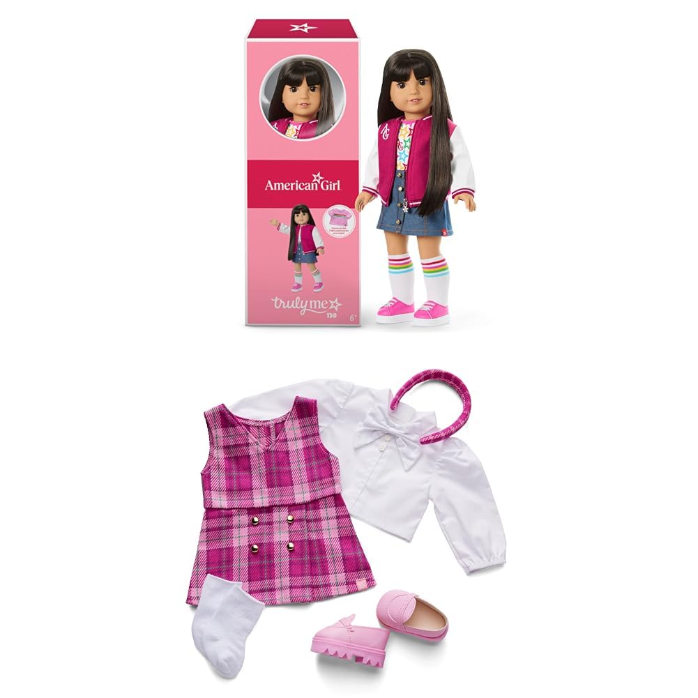 Bundle of American Girl Truly Me 18-inch Doll #130 with Brown Eyes, Straight Black-Brown Hair, Light-to-Medium Skin, for Ages 6+ + Truly Me 18-inch Doll Outfit, Pink &amp; Preppy Outfit, for Ages 6+