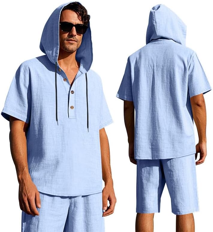 Men's 2 Piece Linen Outfits Short Sleeve Hooded Shirt and Beach Shorts Set Casual Summer Matching Set