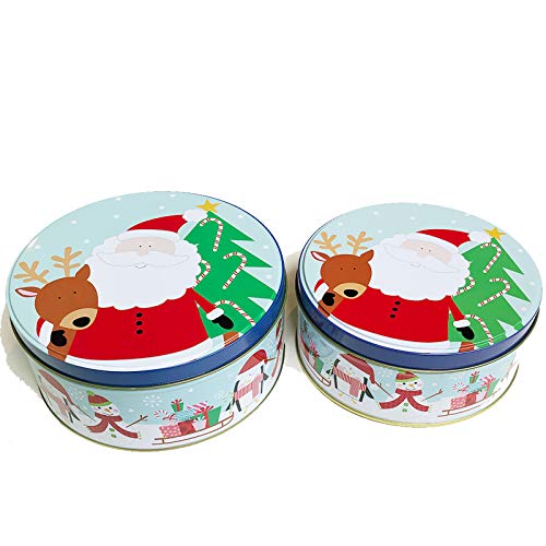 Christmas Cookie Tins with Lids for Gift Giving Empty Candy Snack Box Pastry Treat Swap Metal Round Container for Goodies, Chocolate, Nuts, Cerebrate a Holiday 2 Pack (Santa & Snowman)