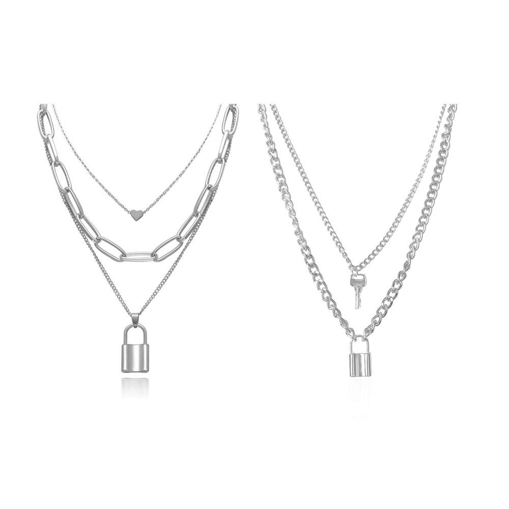 YanZi JewelryLock Chain Necklace, Egirl Chains,2 Layered Lock Key Pendants Necklaces Set，Statement Lock Key Pendant Necklace Silver Set Eboy Long Multilayer Chains Punk Choker
