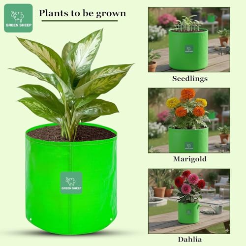 Image of GREENSHEEP HDPE Grow Bag Heavy Duty 260 GSM Round Plants Flower Growing Bags Floor Standing Mount Type for Home Garden Balcony Terrace Kitchen Nursery (Green, 15x15 inch, Pack of 20)