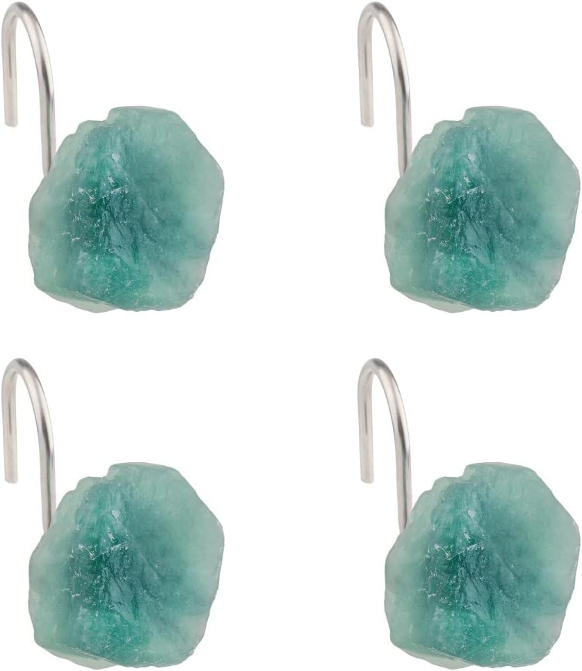 rockcloud Set of 4 Shower Curtain Hooks with Raw Crystal Stone, Stainless Steel Shower Hooks for Bathroom Shower Rod Home Decor, Green Fluorite