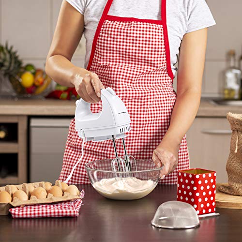 Image of Ovente Portable Electric Hand Mixer 5 Speed Mixing, 150W Powerful Blender for Baking & Cooking with 2 Stainless Steel Chrome Beater Attachments & Snap Clear Case Compact Easy Storage, White HM161W