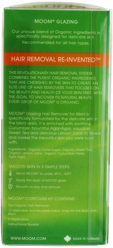 Image of MOOM USDA Organic Cucumber Sugar Wax for Bikini Line - 3 oz (Pack of 2) | Made with Cucumber & Green Tea, Wax for Body & Leg - 18 Reusable Wax Strips & 6 Applicator Sticks - Ideal for Sensitive Skin