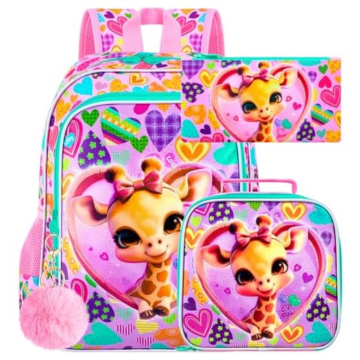 3 peças, mochila infantil de coração, resistente à água, conjunto com lancheira, linda bolsa escolar infantil para crianças em idade pré-escolar, Girafas de coração brilhantes UV Priting rosa, One