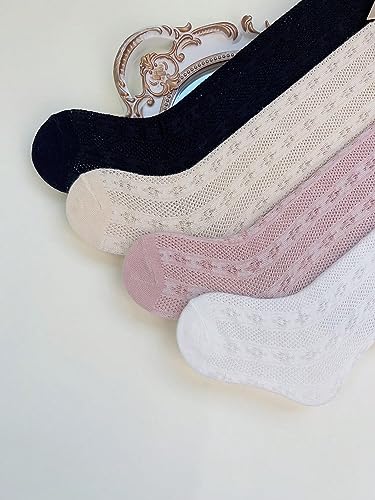 OYOANGLE Girl's 4 Pairs Cute Ruffle Knee High Socks Bow Front Over the Calf Socks Beige Pink 2-3Y3