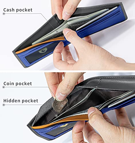 GSOIAX Hide & Seek Thin Wallet For Men Made of Cowhide RFID Blocking Bifold Mens Slim Wallets With Gift Box (Grey - Blue)2