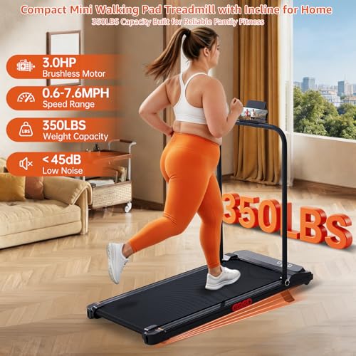 Image of Walking Pad Treadmill with Handle Bar, 3.0HP Portable Electric Treadmills for Exercising, 0.6-7.6MPH Mini Walking Pad Treadmill with Incline, Under Desk Treadmills for Home Small, 350LBS