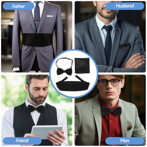 Set de pajarita, fajín y pañuelo negro para hombre miniatura 3