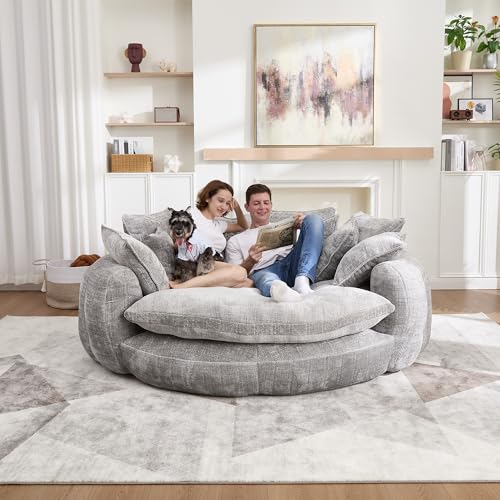 Image of 81 inch Round Sofa Bed Big Bean Bag Round Chaise Lounge Oversized Round Couch Boneless Reading Chair Plush Fluffy Chenille Large Chaise Chair for Living Room, Bedroom, Apartment, Light Gray