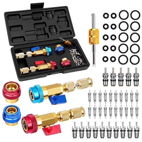 DikTalk AC Schrader Valve Core Removal Tool 60pcs Air Condition Schrader Valve Remover Installer Tool Kit with O-Ring Rubber Seal for R134A R1234YF R22 High Low Pressure Repair Tools