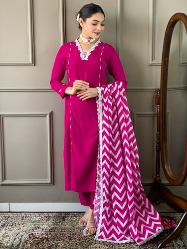 Image of Naixa Women's Gajri Viscose Embroidered Straight Kurta with Viscose Pant and Chiffon Printed Dupatta Sets (NX-447)