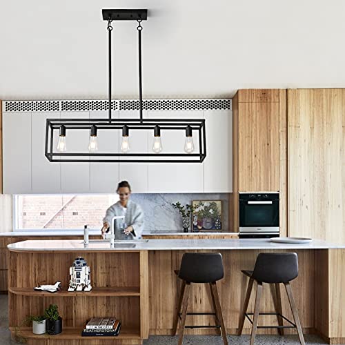 Xislthotsl XS8801-5 Black Farmhouse Kitchen Island Lighting, Modern Industrial Chandelier, 5-Light Linear Rectangular Pendant Light Fixtures For Farmhouse Kitchen Dining Room Bar Foyer thumb #1