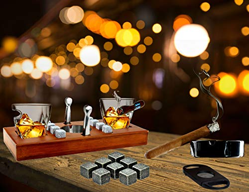 Bezrat Old Fashioned Cigar Whiskey Glasses With Mounted Cigar Rest Gift Set - Cigar Cutter, Ashtray, Chilling Stones & accessories on Wooden Tray – Cigarette Smoking Ash Tray Granite Rocks (Mahogany)