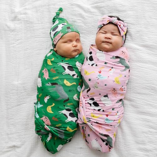 Image of Little Sleepies Swaddle & Hat Set, Baby Swaddles Newborns, Soft Viscose from Bamboo Swaddle Blanket Wrap (Green Farm Animals)