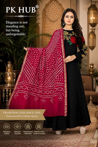 Image of PK HUB Women's Bandhani Silk Dupatta - Bandhej Printed Traditional Dupatta for Ethnic Wear - 2.4 Meter Length, 40 inch Width