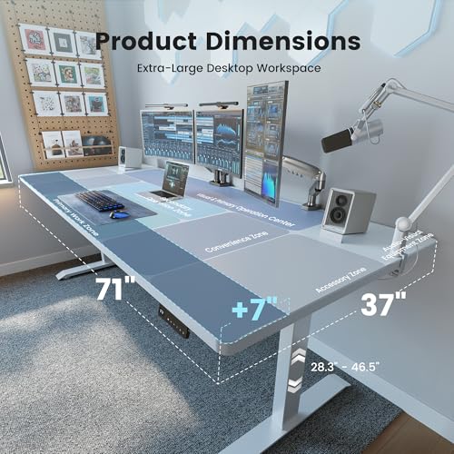 Image of FEZIBO 71 x 37 Inch Standing Desk with Integrated Dual-Beam, Cable Management, 3 Memory Height Adjustable Computer Desk for Home Office Workstation, 1 inch Thick Large 3-Piece Desktop White