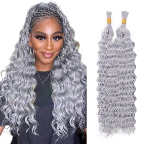Deep Wave Bulk Human Hair Braiding hair 10A Brazilian Virgin Human Hair No Weft Curly Braiding Extensions for Boho Braids 2 Braids Per of 1 pack 100g Wahairse (Grey Color,20inch,100g)