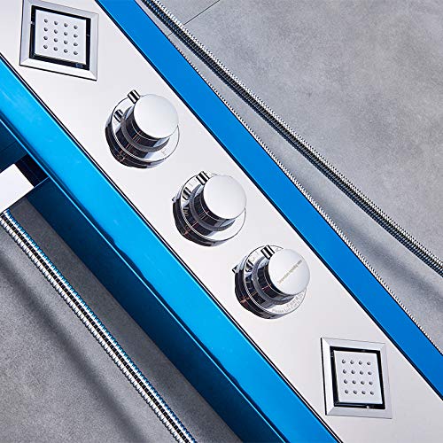 LED-douchepaneel met 6 functies van roestvrij staal met temperatuurweergave en 3 vierkante massagesproeiers (blauw