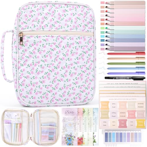 XKDOUS Large Bible Cover Case for Women Durable Carrying Book Case with Tabs Handle & Pocket Floral Bible Bags Study Supplies Organizer for Christian Gifts