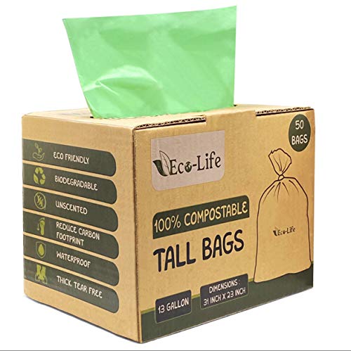 Eco-Life trash bags- Fully Compostable trash bag- Plant based trash bags-Biodegradable multipurpose bags-Compost trash bags- 49.2 L - 13 gallon trash bags- 25 micrometres thick.