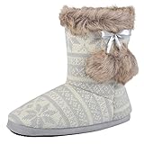 Autumn Faith Ladies Grey Knitted Fairisle Bootie Slippers with Faux Fur Pompoms-UK 8, Pantuflas Mujer, 41 2/3 EU