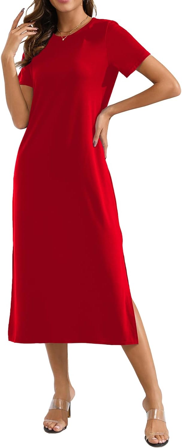 Naggoo Ladies Dresses Summer Short Sleeve Split Casual Midi Tshirt Dress with Pockets Red
