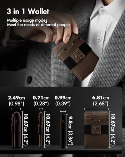Image of iwantit 3 in 1 MagSafe Wallet Men: Slim Bifold Money Clip + Smart Pop up Card Holder - Cash Strap, Men's Minimalist Magnetic Wallet, ID Window, Premium Leather (Nubuck Brown)
