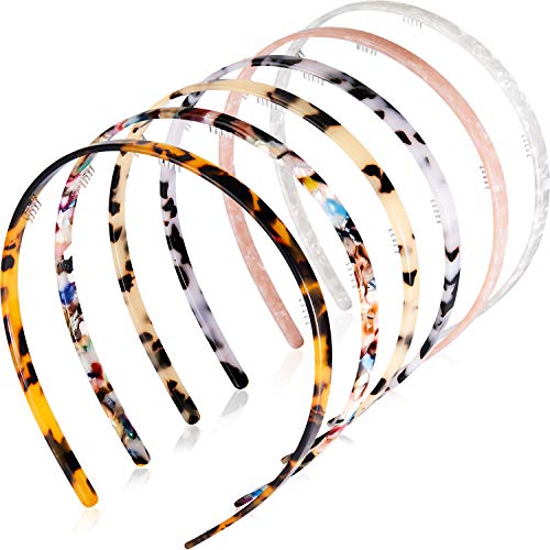 6 Pieces Tortoise Headbands Skinny Acrylic Tortoiseshell Headband with Teeth Non-Slip Leopard Celluloid Hairband Hair Accessories for Women Girls Short and Long Hair, 6 Colors