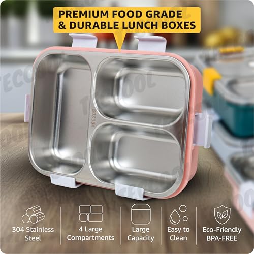 Image of TEKCOOL Lunch Box for Adults - Lunch Box for Kids - with Spoon & Fork - Stainless Steel Lunch Box with 3 Compartment - Durable Perfect Size for On-The-Go Meal, BPA-Free